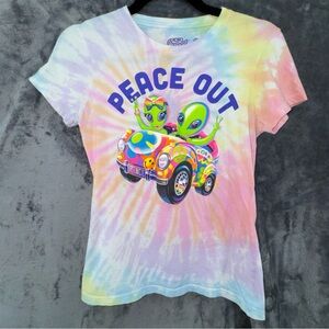 Lisa Frank Tie Dye Aliens in Beetle Peace Graphic Short Sleeve T-Shirt Small